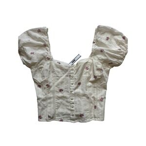 Victoria's Secret PINK Floral Puff Sleeve Crop Top Cream Purple XS NWT